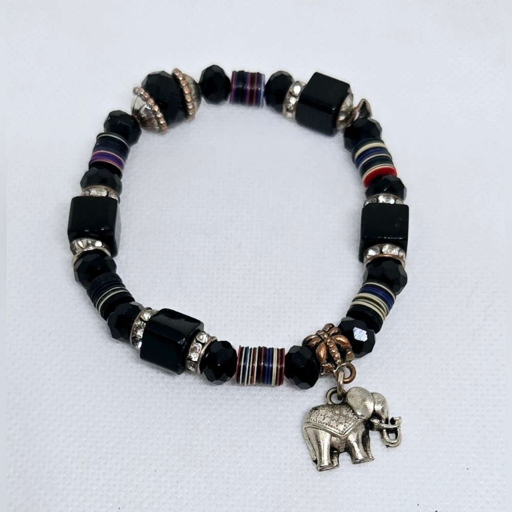Black Glass Bead & Heishi Bracelet w/ Elephant Charm – Boho Layering Style